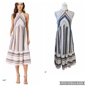 Listicle Striped Halter Midi Dress in Blue, Pink, Cream